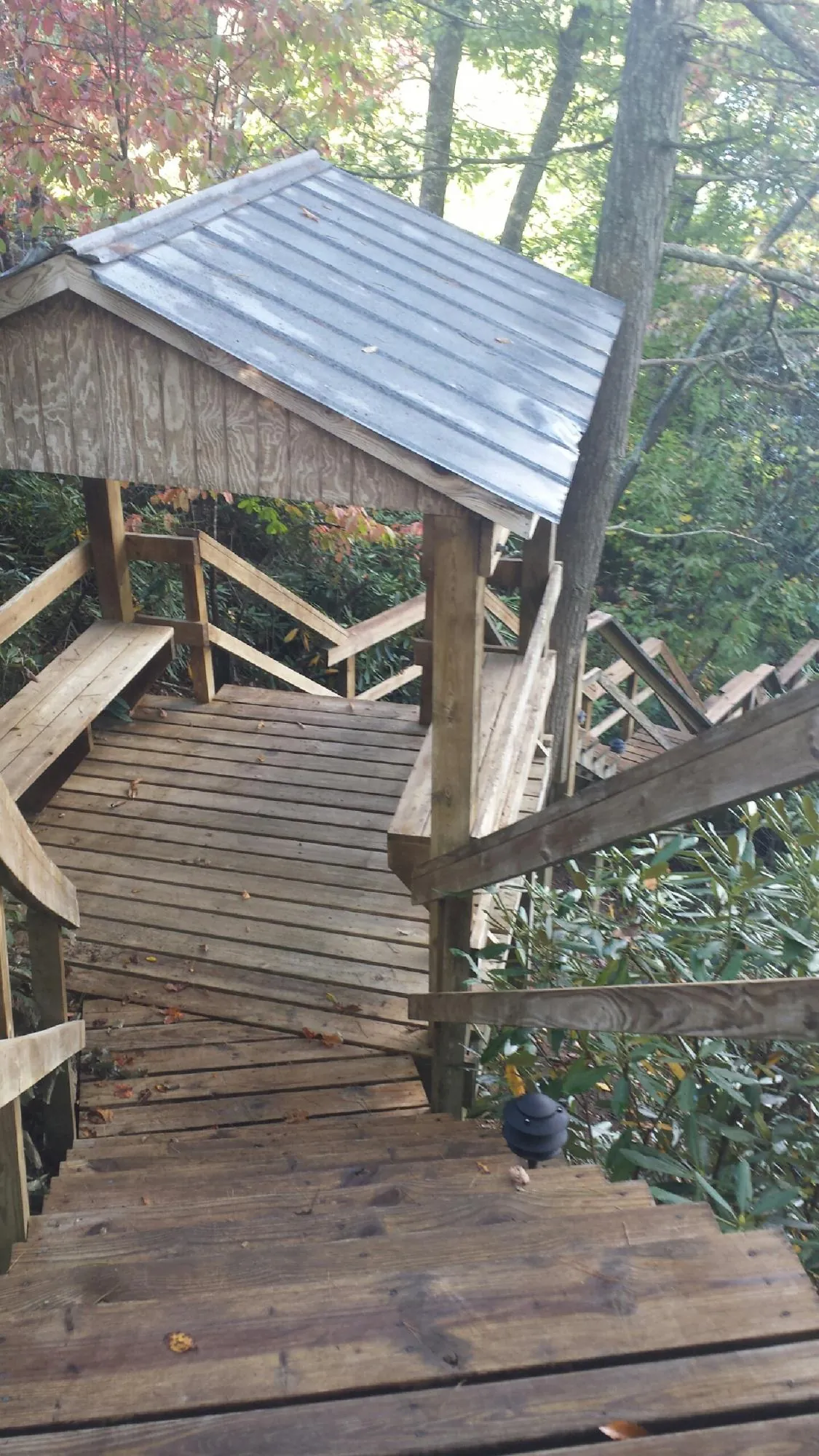 Metal roofed shelter over wooden steps on a wooded walkway — Skylight Repair & Installation work by our crew in Mc Connells